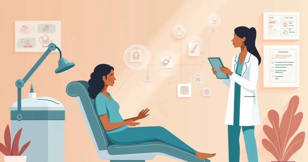 Ilustração de mulher em clínica de estética com protocolos para clarear manchas no rosto