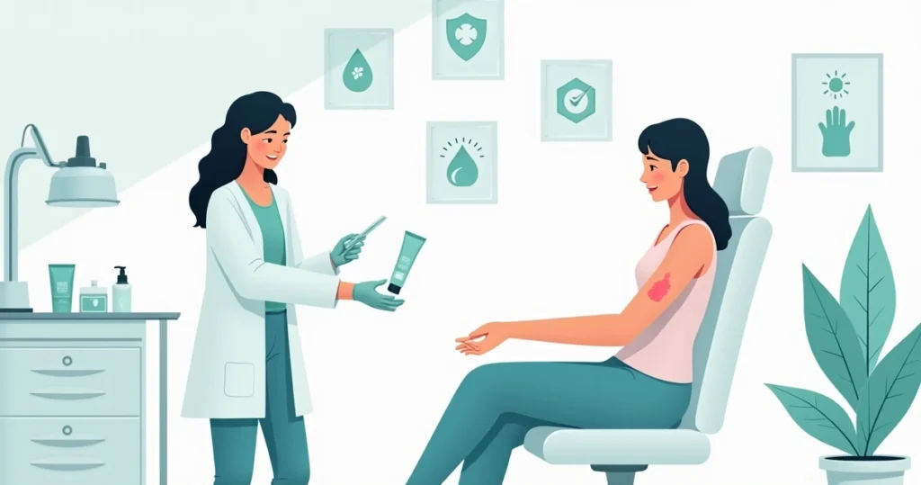 Profissional cuidando da pele de paciente após remoção de tatuagem no braço