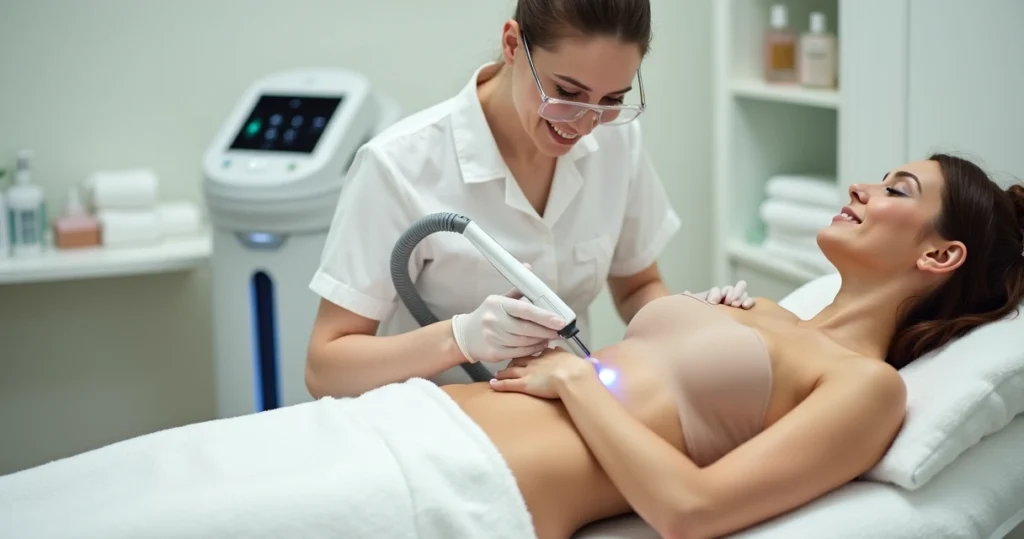 Mulher em clínica fazendo depilação a laser na perna com equipamento moderno