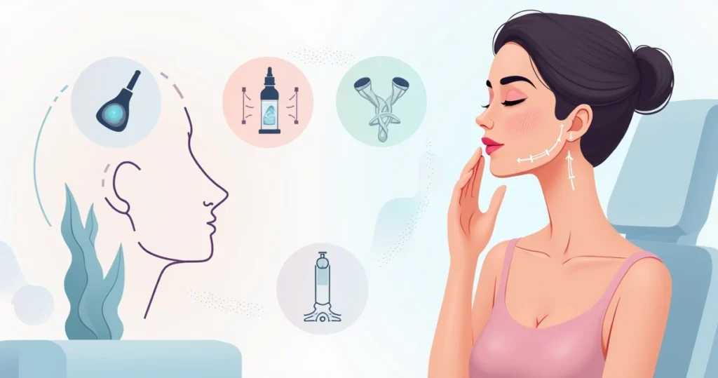 Ilustração de mulher tocando o rosto com efeito lifting e pele mais firme