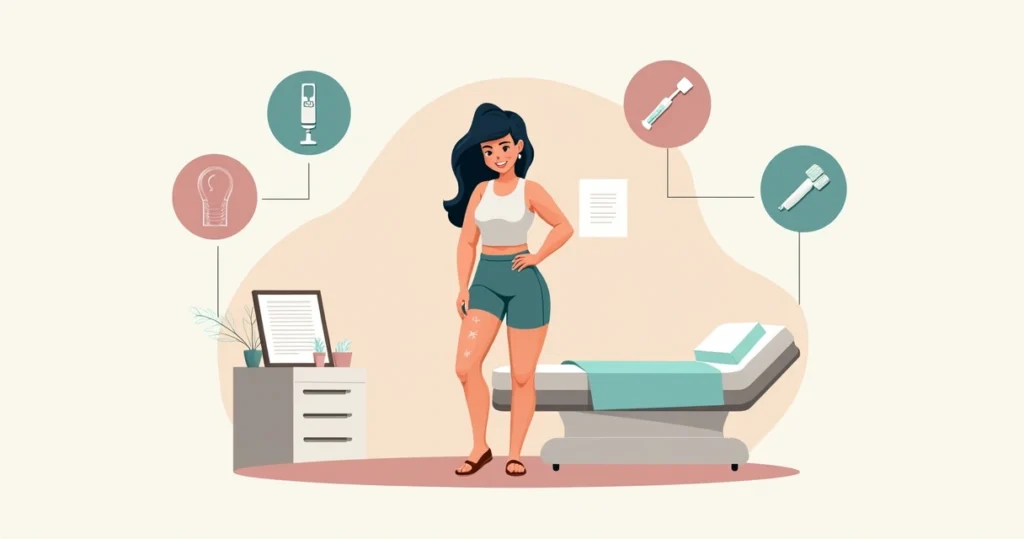 Ilustração de mulher tocando a pele flácida da coxa com ícones de tratamentos estéticos ao redor