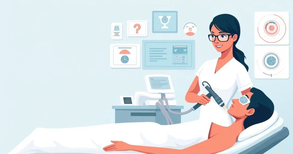 Profissional aplicando laser no rosto de paciente em clínica de estética moderna