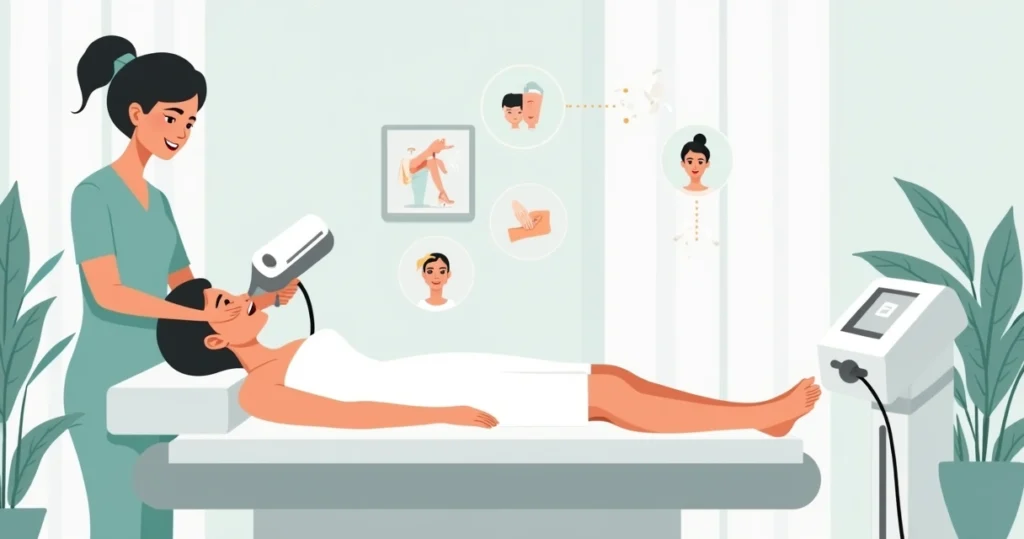 Ilustração de profissional aplicando luz pulsada no rosto e corpo de paciente em clínica de estética
