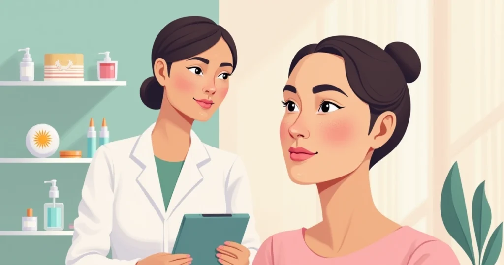 Ilustração de mulher em clínica estética com manchas de melasma no rosto recebendo avaliação profissional