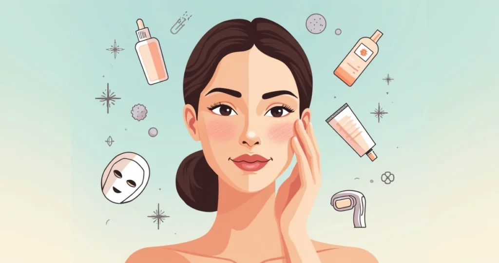 Ilustração de mulher tocando o rosto com rugas suaves e ícones de tratamentos estéticos ao redor