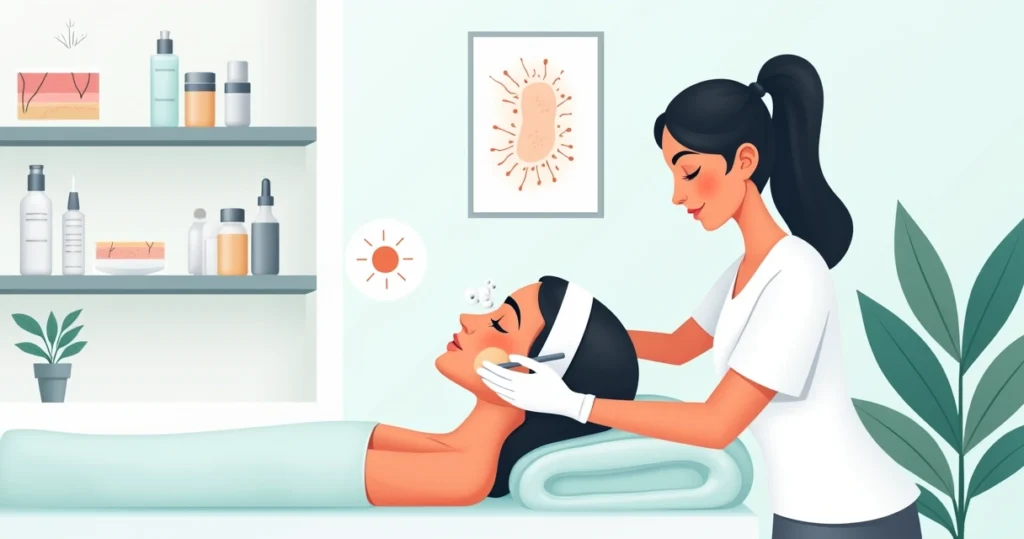 Mulher em clínica estética recebendo aplicação de peeling químico no rosto